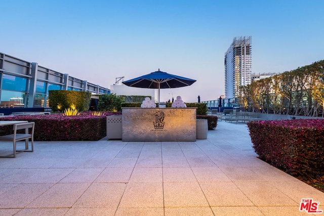 view of patio terrace at dusk