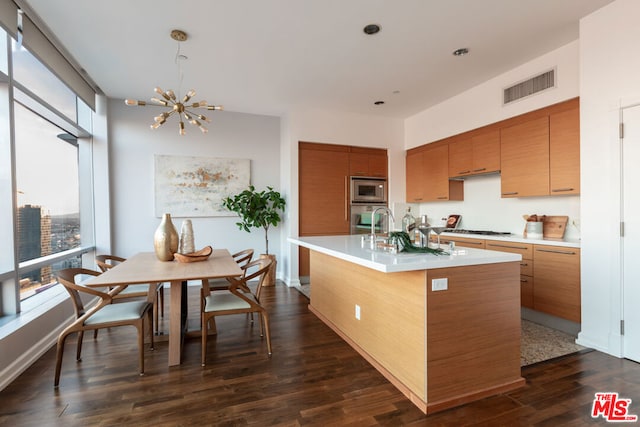 kitchen with an island with sink, sink, stainless steel appliances, dark hardwood / wood-style floors, and a notable chandelier