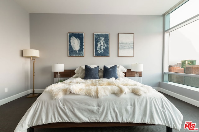 bedroom featuring dark colored carpet