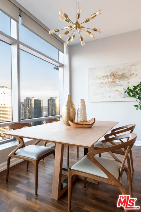 dining room with dark hardwood / wood-style floors and a chandelier