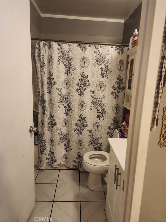 bathroom with vanity, tile patterned flooring, toilet, and a shower with shower curtain