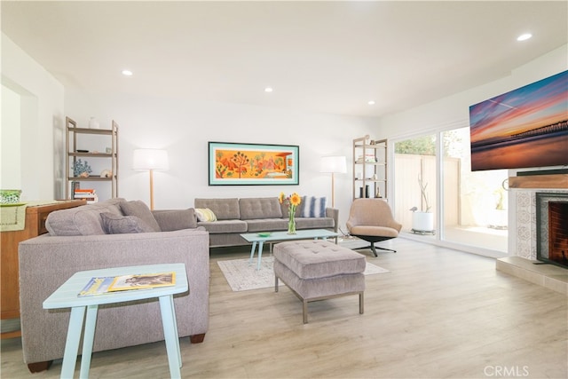 living room featuring light wood-type flooring and a fireplace