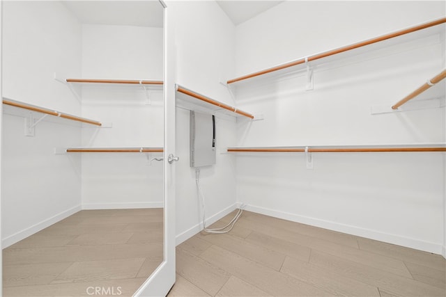 spacious closet featuring electric panel and light wood-type flooring