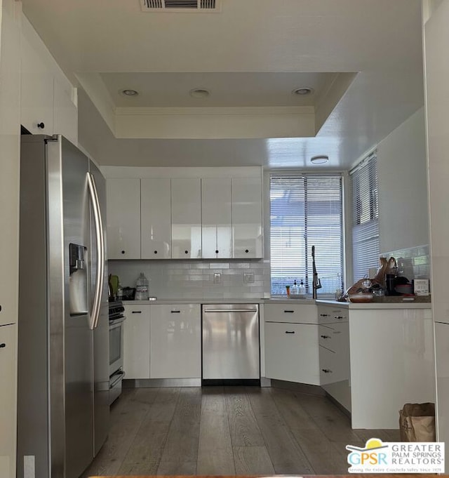 kitchen featuring appliances with stainless steel finishes, a tray ceiling, white cabinetry, and dark hardwood / wood-style flooring