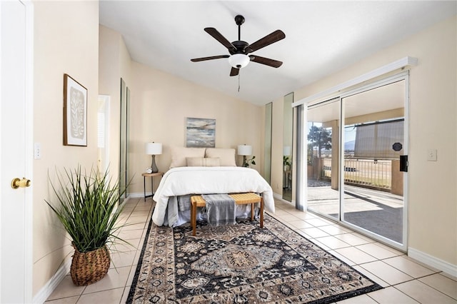 tiled bedroom featuring ceiling fan, lofted ceiling, and access to exterior