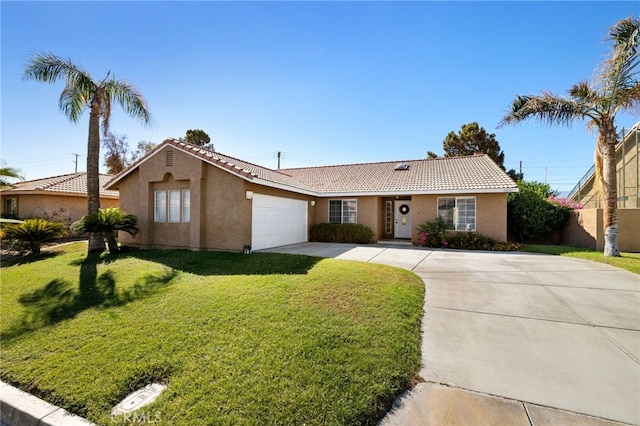 single story home with a front lawn and a garage