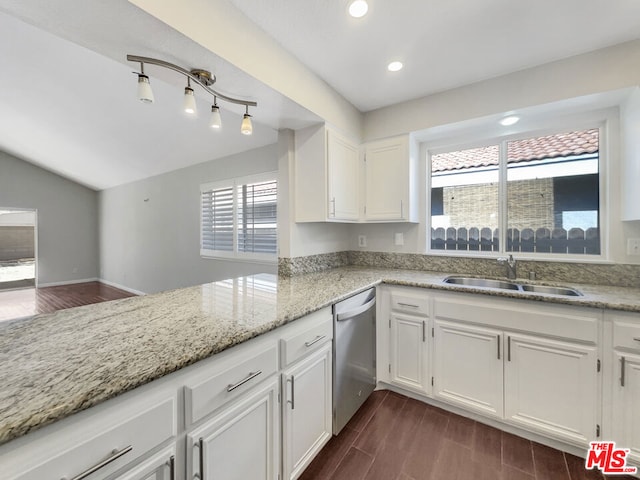 kitchen with white cabinetry, dishwasher, sink, and dark hardwood / wood-style flooring