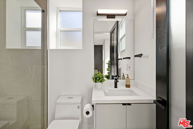 bathroom featuring vanity, toilet, and walk in shower