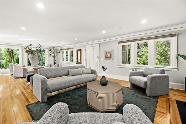 living room featuring ornamental molding, light wood-type flooring, and a healthy amount of sunlight