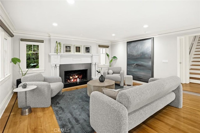 living room with a fireplace, hardwood / wood-style floors, and crown molding