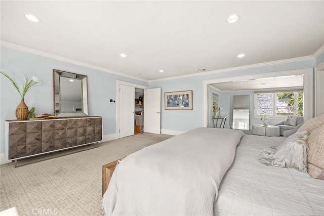 bedroom with light carpet and ornamental molding