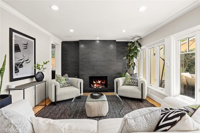 living room featuring a fireplace, wood-type flooring, and crown molding