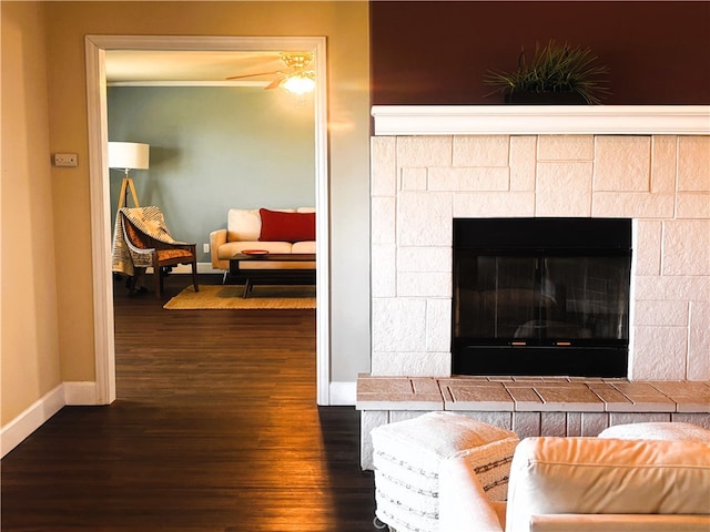 interior details with hardwood / wood-style floors and ceiling fan