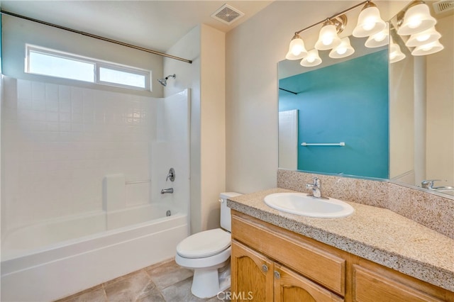 full bathroom featuring tub / shower combination, vanity, and toilet