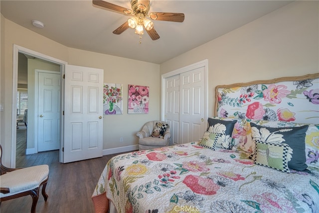 bedroom with a closet, ceiling fan, and dark hardwood / wood-style floors