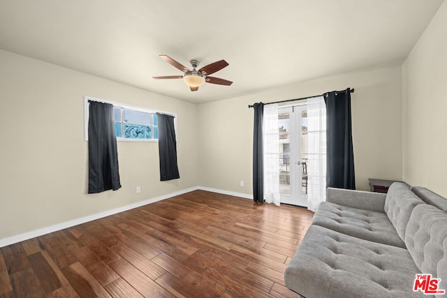 unfurnished living room with hardwood / wood-style floors, french doors, and ceiling fan