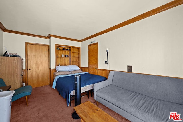 bedroom with carpet and crown molding