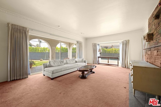 carpeted living room featuring a healthy amount of sunlight and ornamental molding