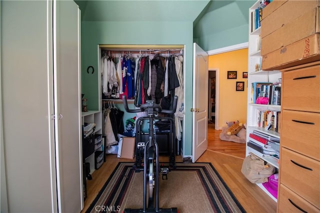 workout area with wood-type flooring