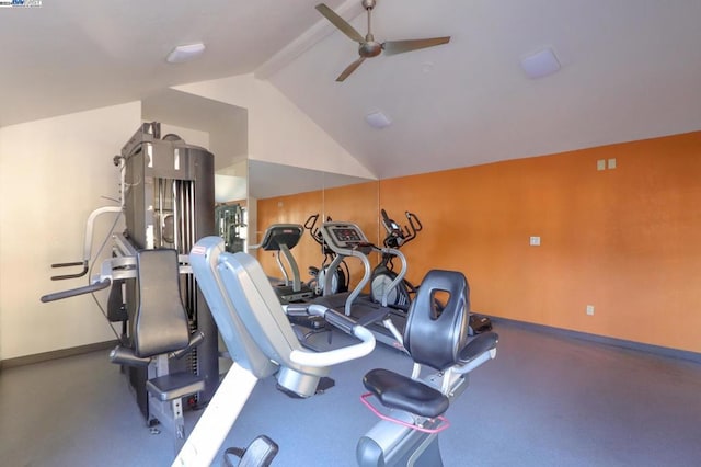 exercise room featuring vaulted ceiling and ceiling fan