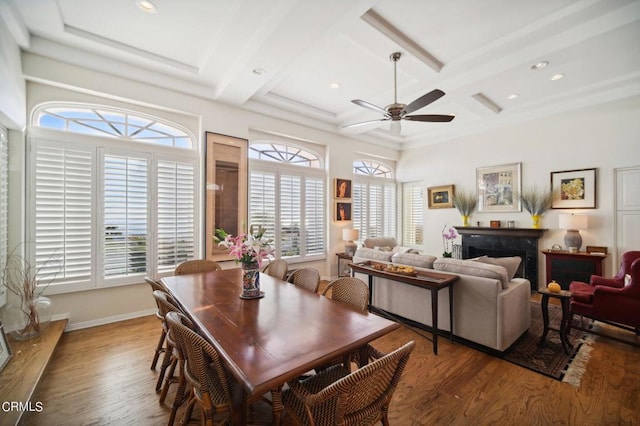 dining area with plenty of natural light, wood finished floors, and a ceiling fan
