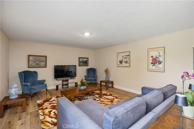 living room featuring a textured ceiling and hardwood / wood-style flooring