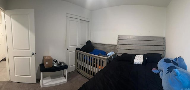 bedroom featuring carpet floors and vaulted ceiling