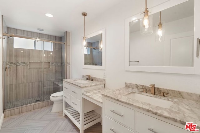 bathroom with vanity, a shower with shower door, and toilet