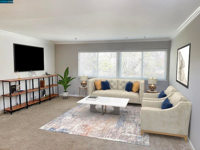 carpeted living room with a healthy amount of sunlight and ornamental molding