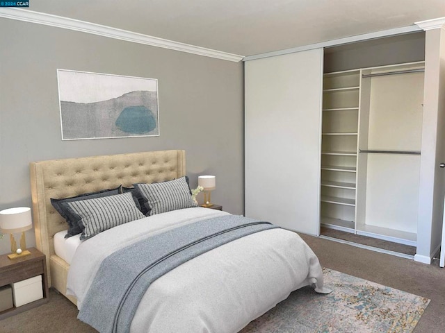 carpeted bedroom with a closet and crown molding