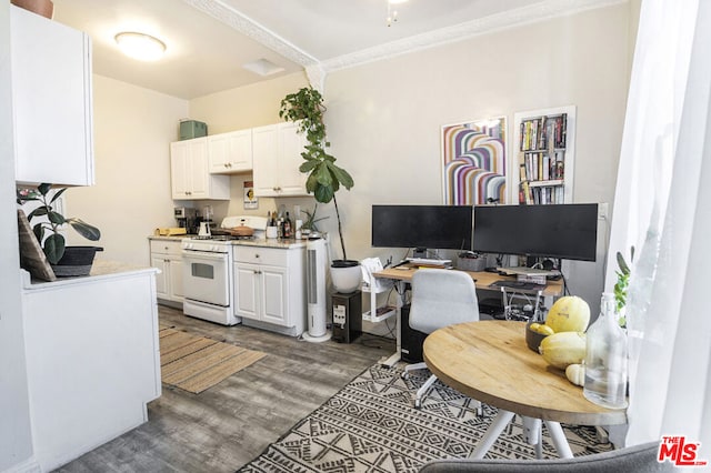 office space with ornamental molding and dark hardwood / wood-style flooring