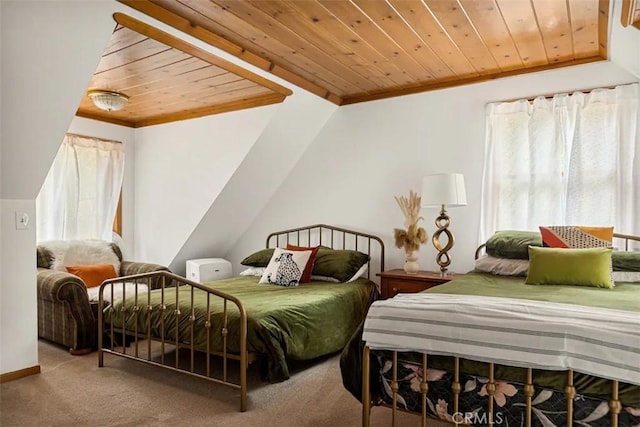 bedroom with carpet floors and wood ceiling