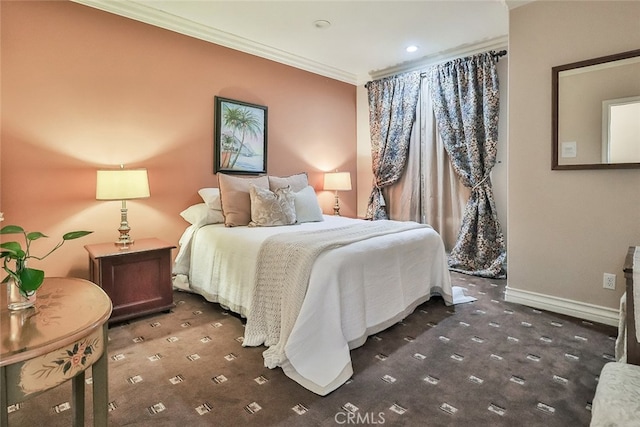 carpeted bedroom with crown molding