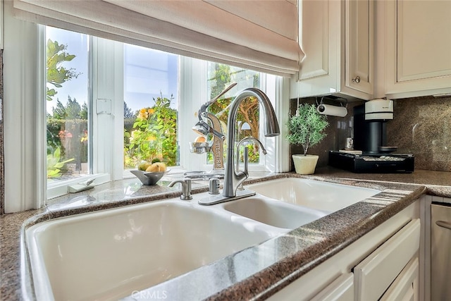 interior details featuring decorative backsplash and sink