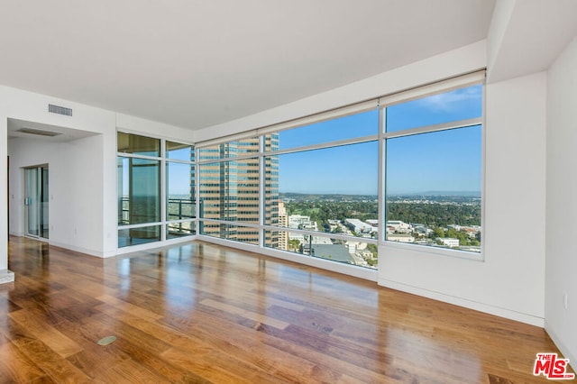 unfurnished room with wood-type flooring and floor to ceiling windows