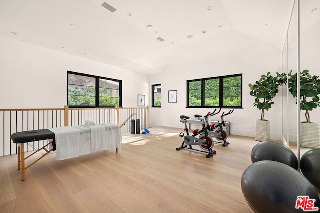 exercise area with high vaulted ceiling and light hardwood / wood-style floors