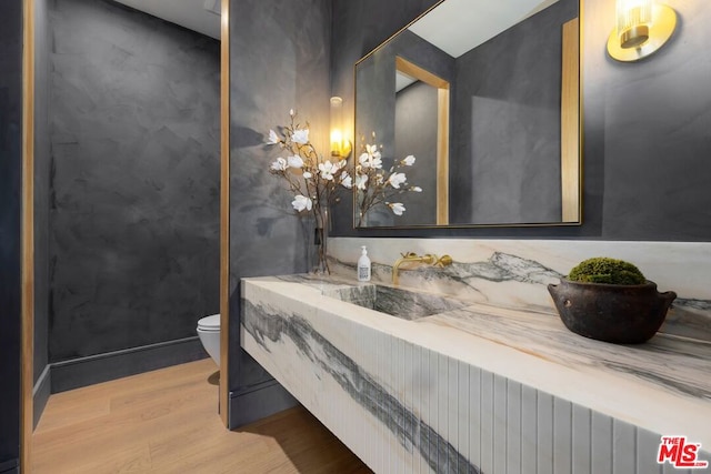 bathroom with vanity, hardwood / wood-style flooring, and toilet