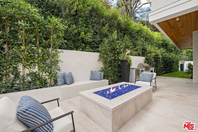 view of patio / terrace with exterior kitchen and an outdoor fire pit