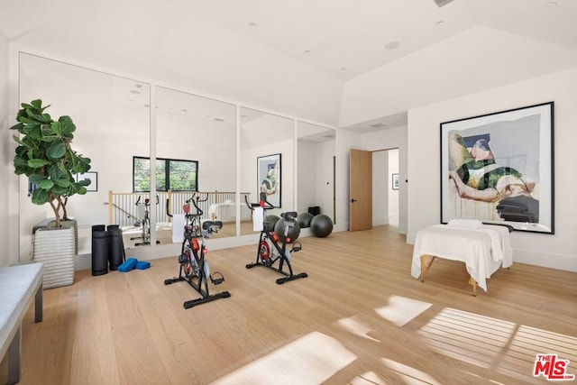 exercise room featuring light hardwood / wood-style floors and vaulted ceiling