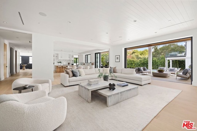 living room featuring wood ceiling and light hardwood / wood-style floors