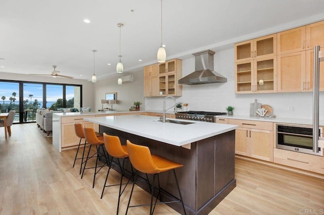 kitchen with appliances with stainless steel finishes, ceiling fan, sink, wall chimney range hood, and light brown cabinets