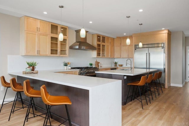 kitchen with sink, high end appliances, wall chimney range hood, and a breakfast bar area