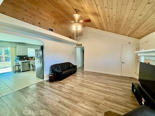 living room with wood ceiling, light hardwood / wood-style floors, vaulted ceiling, and ceiling fan