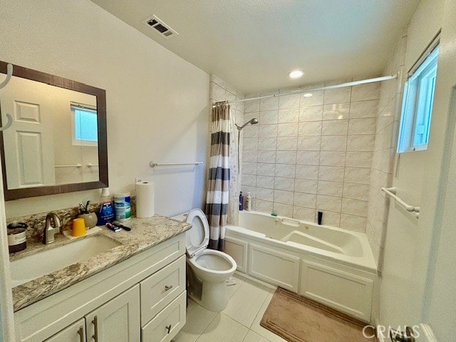 full bathroom featuring tile patterned flooring, shower / bathtub combination with curtain, toilet, and vanity