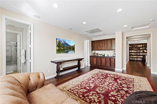 living room with dark wood-type flooring