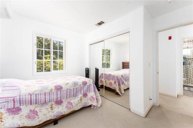 carpeted bedroom featuring multiple windows and a closet