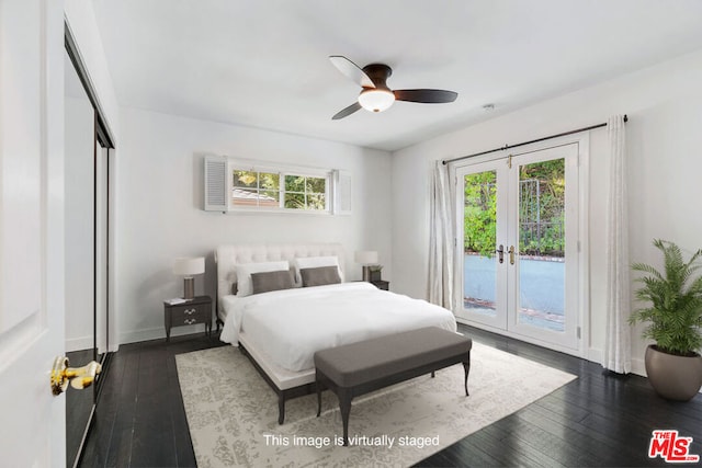 bedroom featuring multiple windows, access to exterior, ceiling fan, and dark hardwood / wood-style flooring