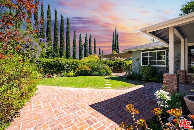 patio terrace at dusk featuring a yard