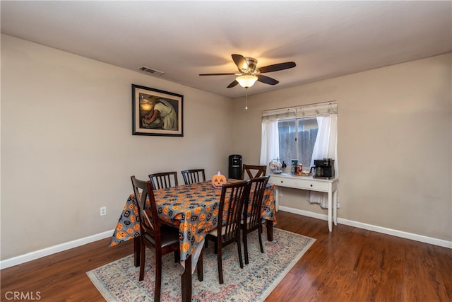 dining area featuring ceiling fan and dark wood-type flooring