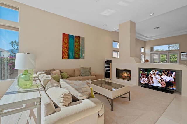 tiled living room with crown molding